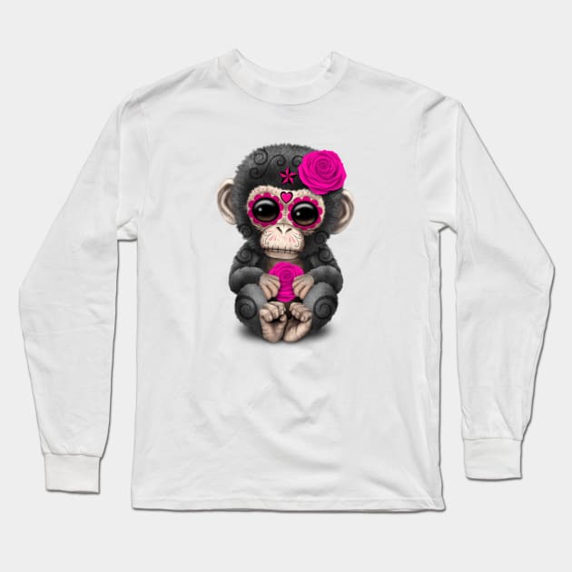 Pink Day of the Dead Sugar Skull Baby Chimp Long Sleeve T-Shirt by jeffbartels